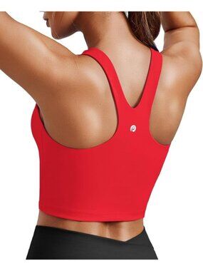 Women's Red Sports Bra High Neck Racer Back Workout Longline Crop Tank Top